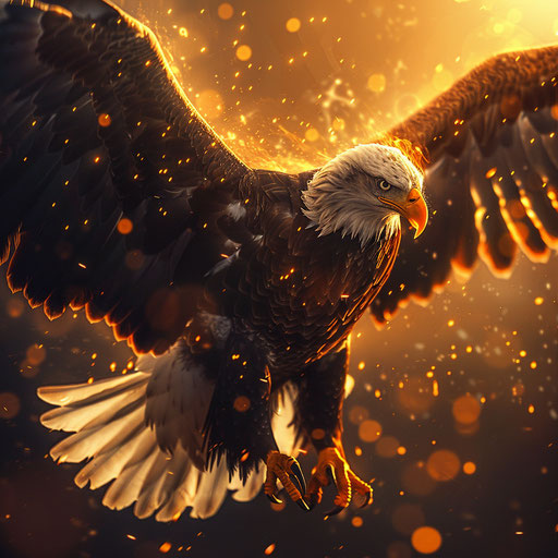 Bald eagle spread wings, golden light