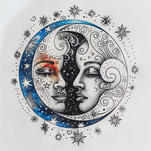 Psychedelic tattoo art with moon and faces surrounded by swirling stars