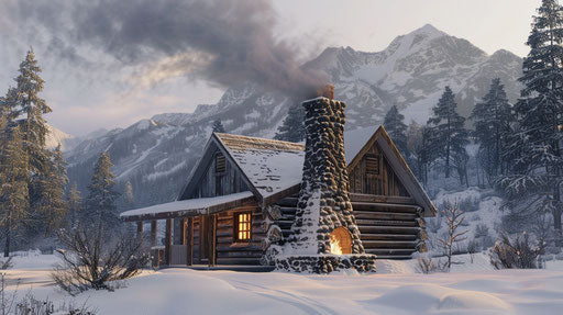 Rustic cabin in the snowy Rocky Mountains