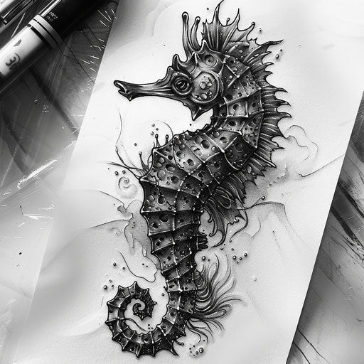 Hyper-realistic seahorse tattoo sketch in black and grey