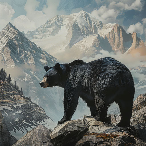 Black bear against a backdrop of majestic mountains