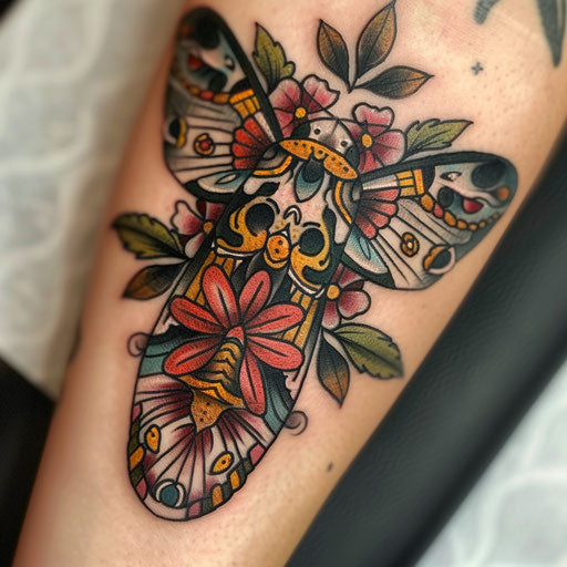 Death moth tattoo inspired by folk art