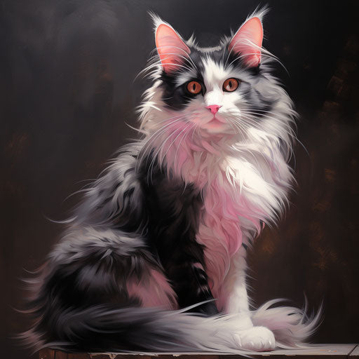 Black and white cat, in the style of light brown and magenta, hyper-realistic animal illustrations