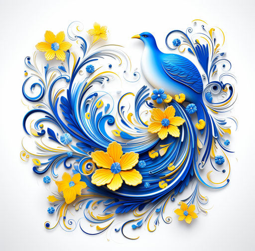 Elaborate floral blue, yellow, white pattern