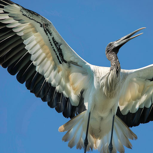 A wading bird in flight, wings spread, against clear blue sky