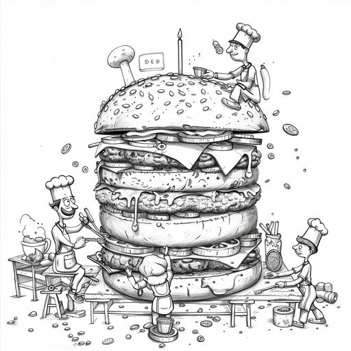 A playful scene of a burger being assembled by tiny chefs. Coloring book page