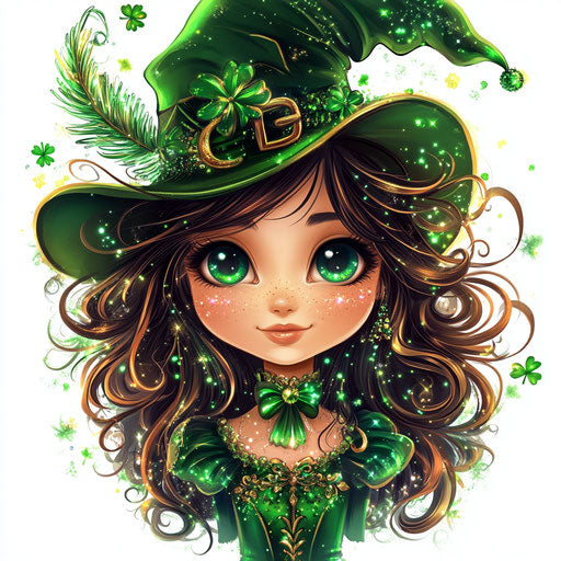 St. Patrick's Day girl with hat, feathers and clovers