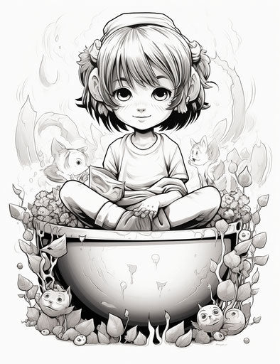 Girl sitting in a bowl, meticulous inking style