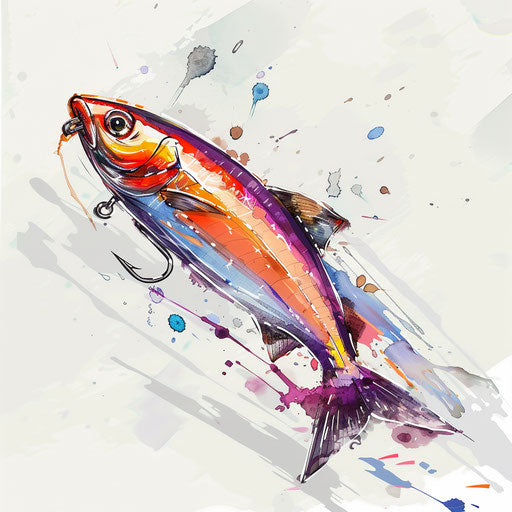 Artistic illustration of a colorful fishing lure with realistic details on white background