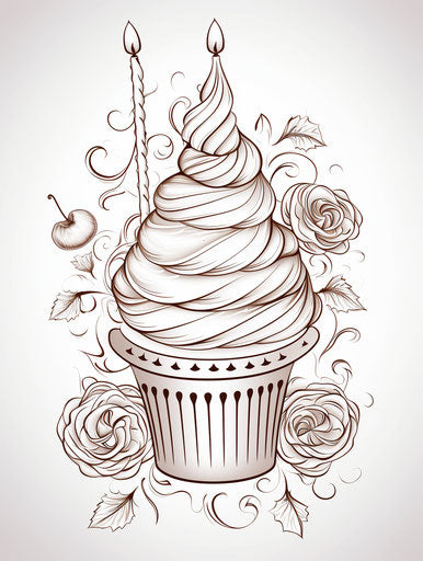 Happy birthday coloring page with an ice cream cone, embroidery style