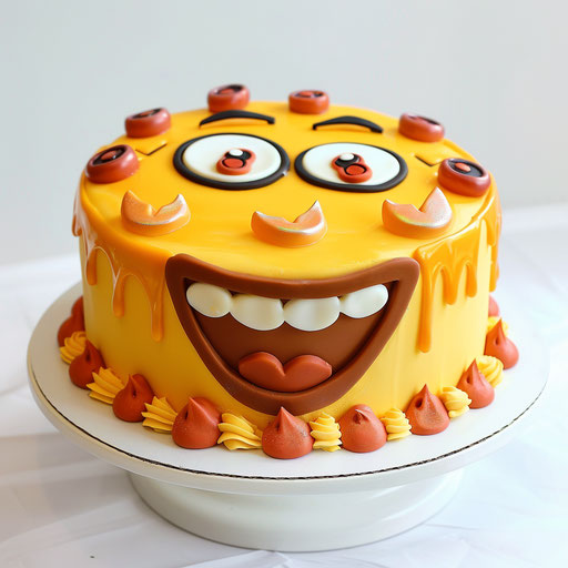 Yellow cake with laughing emoji on white background