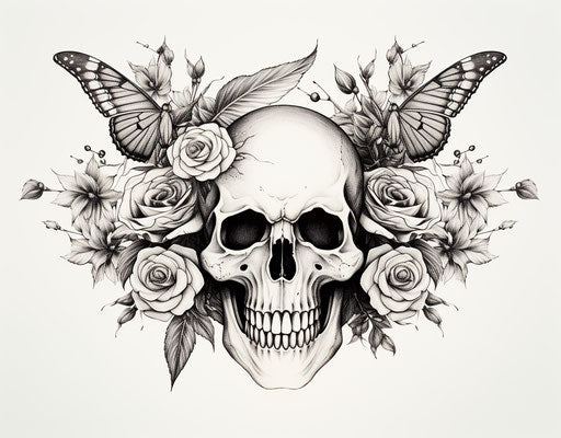 Butterfly and roses tattoo with a skull