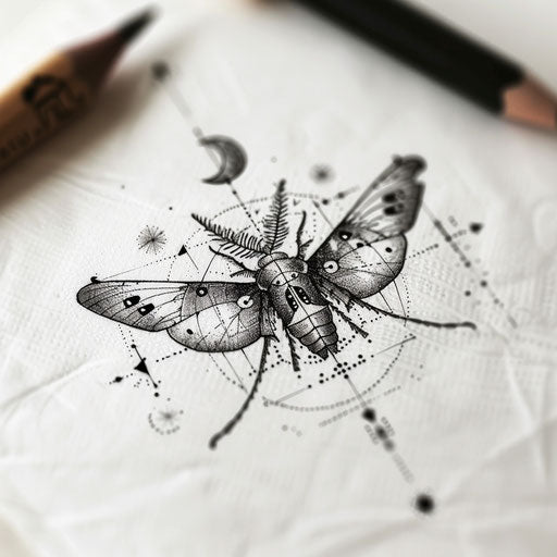Geometric patterned death moth tattoo illustration, combining shapes and lines, on a white sheet.