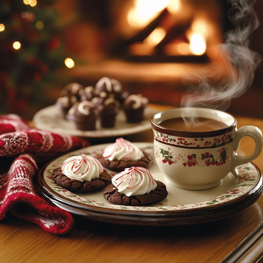 Well-set holiday coffee table with chocolate peppermint cookies and cocoa