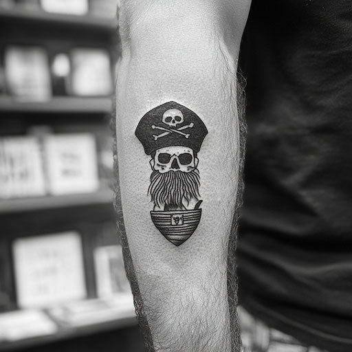 Black and grey tattoo with pirate motifs, Sailor Jerry style