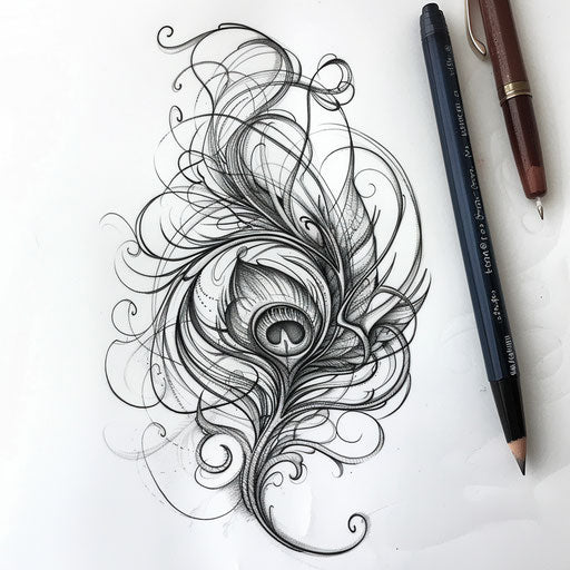 Art Nouveau peacock feather tattoo with flowing lines and organic forms