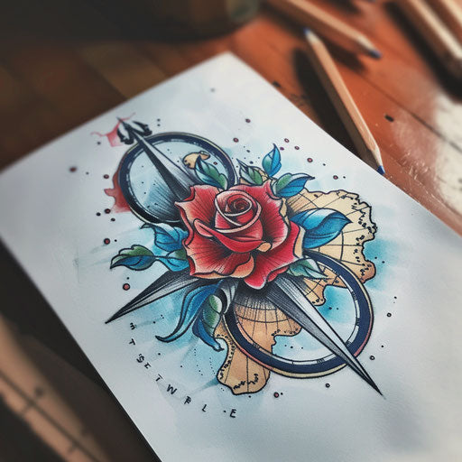 Sketch of a traditional wind rose and map tattoo design, adventure vintage