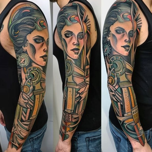 Art deco sleeve tattoo in the style of Steve Sack