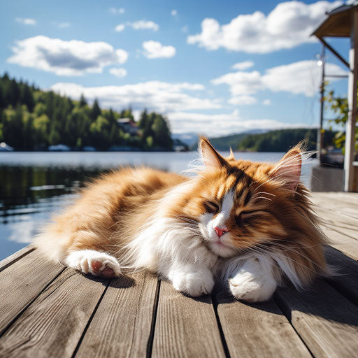 Norwegian forest cat lying on a dock