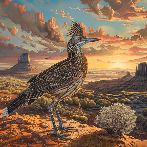 Roadrunner in artistic desert landscape with intricate details