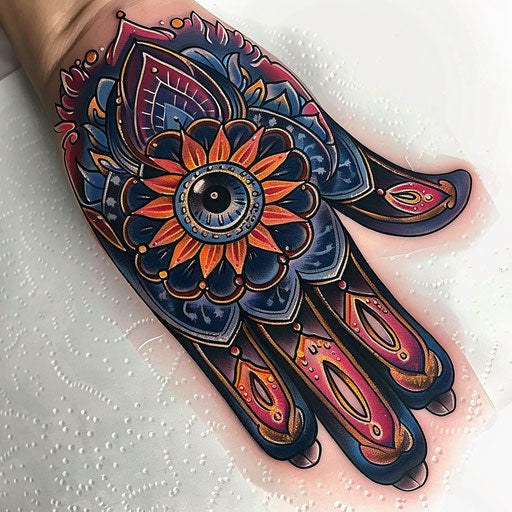Neo-traditional hamsa tattoo design with rich colors on white