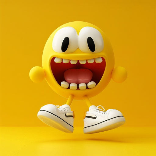 Shouting yellow emoji with white shoes, in Pixar style