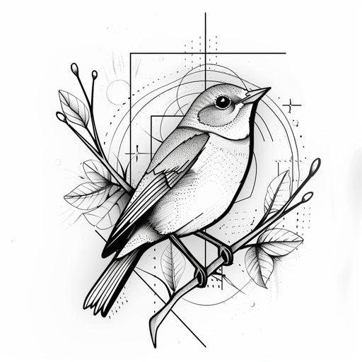 Flat tattoo sketch of a minimalist, single-line drawing of a robin with abstract background elements