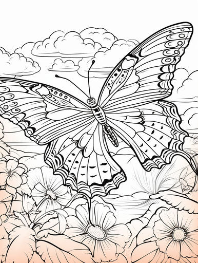 Printable butterfly coloring pages for kids with clouds, in the style of Tom Killion, captivating, staining, calculated, I can't believe how beautiful this is 3:4