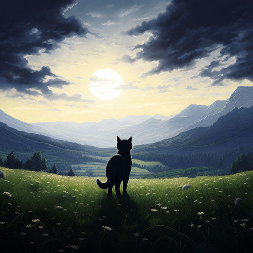 Black cat walking in empty field above mountains