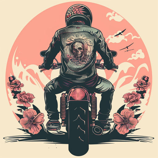 Balanced flat tattoo sketch of a biker