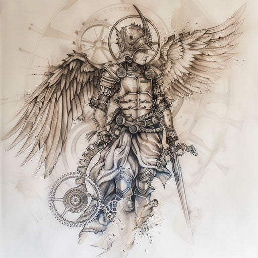 Steampunk style tattoo of Saint Michael, with mechanical wings and gears, on a crisp white background.