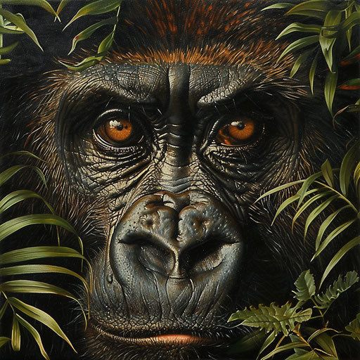 Intimate portrait of a western lowland gorilla, capturing wisdom in its eyes, amidst lush foliage.