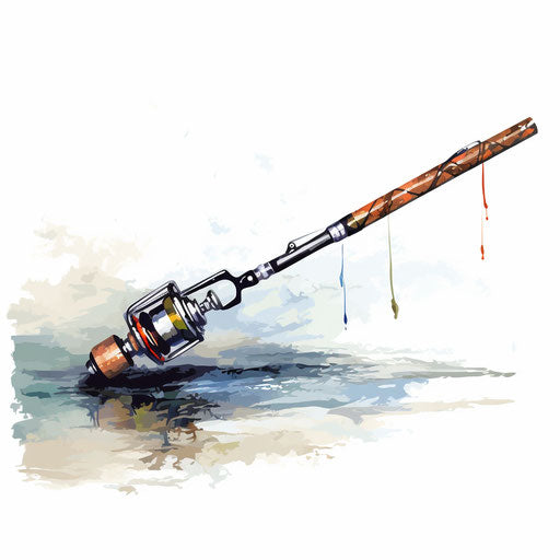Fishing pole clipart in the style of Oil painting, on a white background