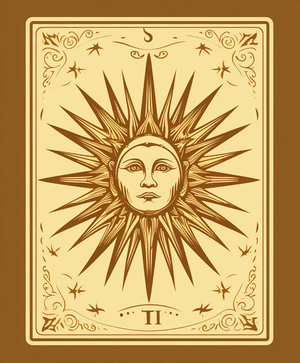 Sun tarot card, hand-drawn style, light brown, detailed facial features, aesthetic movement, sublime typography, heavy shading, minimalist illustrator