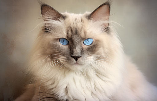 Light colored cat looking at camera, light beige and dark blue style