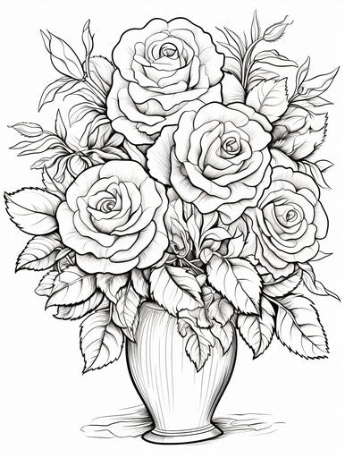 Roses in a vase coloring page, delicate depiction of nature 3:4