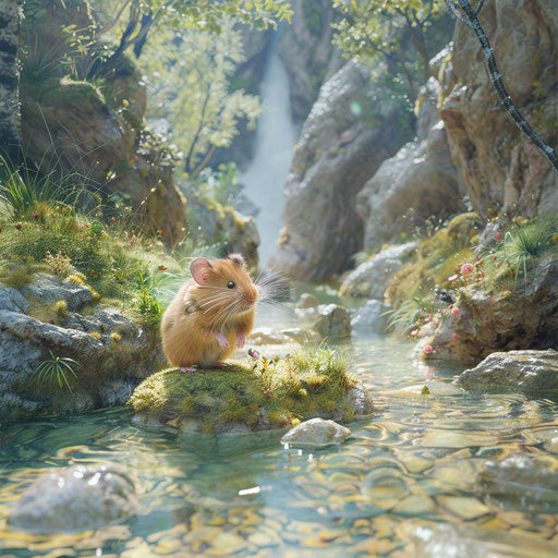 Syrian hamster near a clear stream, in the style of Paul Souders