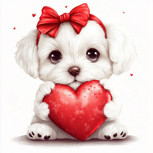 Adorable white Maltese puppy with red ribbon, holding large heart