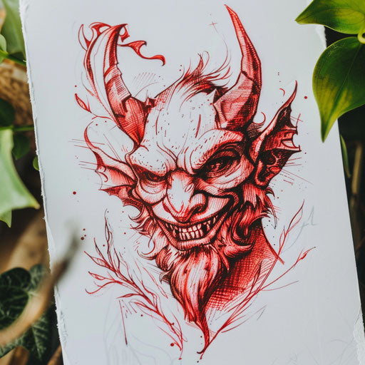 Vintage devil tattoo sketch on white canvas