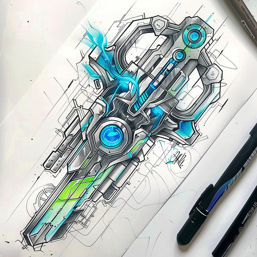 Futuristic tattoo sketch of an electronic key with neon blue and green accents