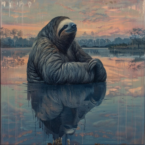 Giant sloth by reflective water body at dawn