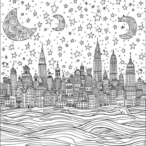 Starry sky over city skyline at night. Coloring book page