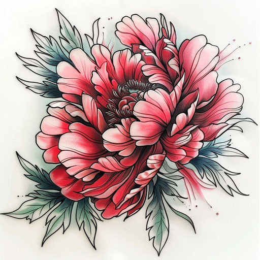 Blooming peony in pink and red on white backdrop
