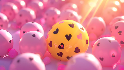 Yellow ball surrounded by pink balls with hearts