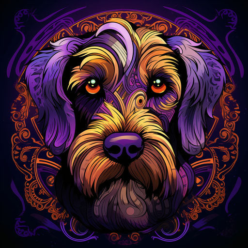 Stylized schnauzer and dachshund with purple and gold patterns