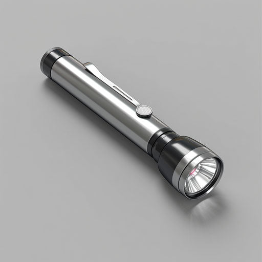 Flat, metallic silver background with realistic flashlight