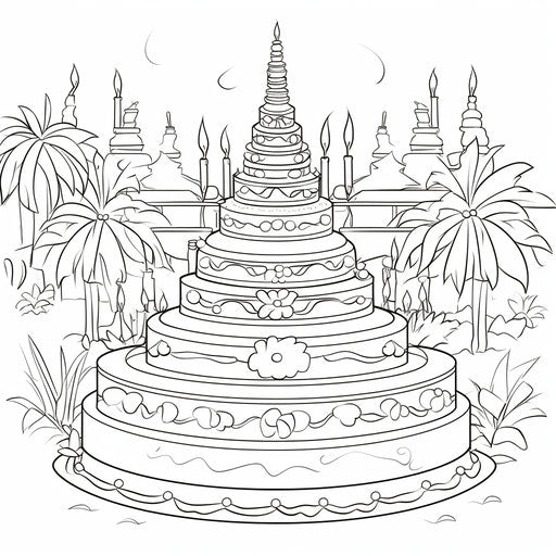 Happy birthday coloring page with Khmer style cake