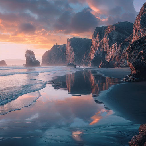 Sunny beach with ethereal twilight and reflective waters