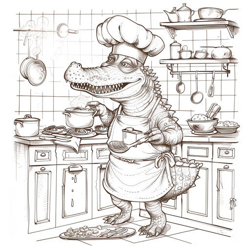 A crocodile chef cooking up a meal in the kitchen