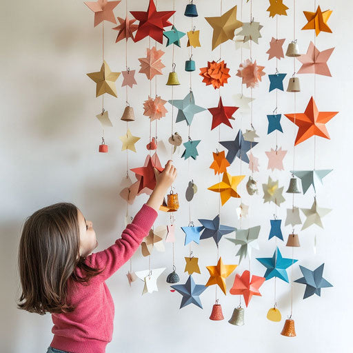 Child helping to hang a garland made of handmade paper